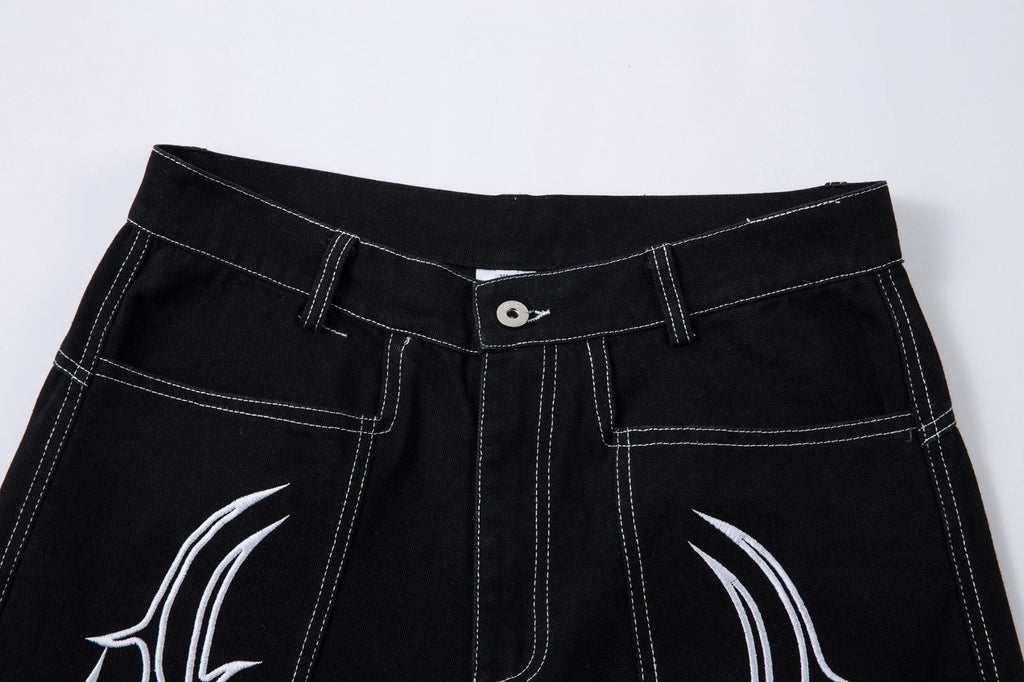 New Spring Flame Embroidery Raw Jeans