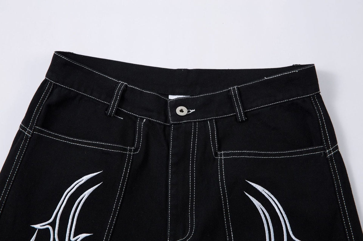 New Spring Flame Embroidery Raw Jeans