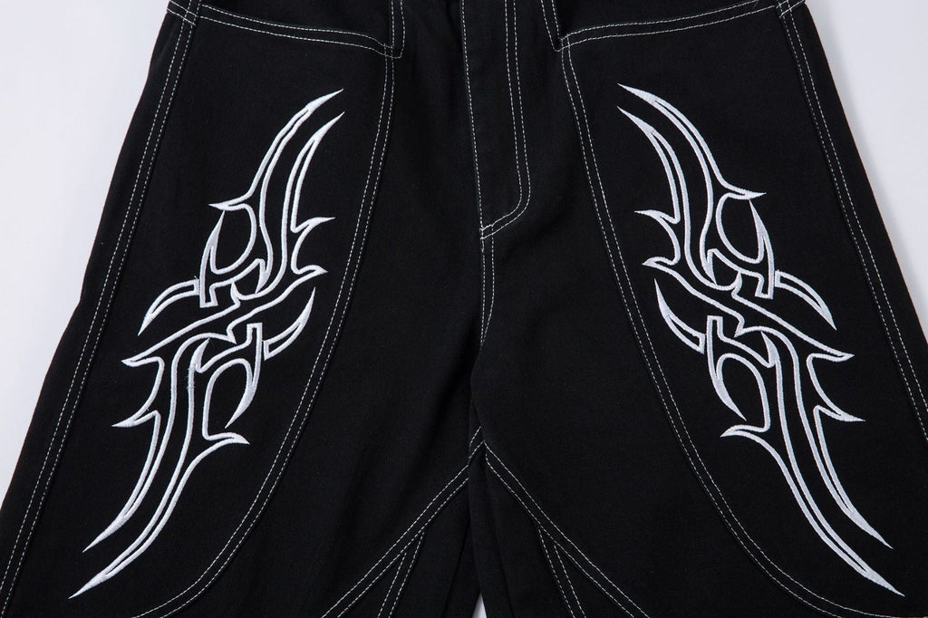 New Spring Flame Embroidery Raw Jeans
