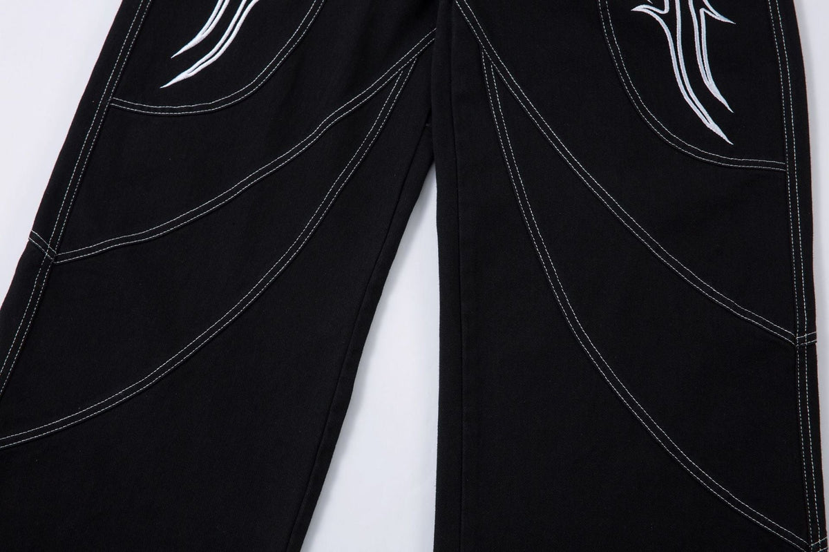 New Spring Flame Embroidery Raw Jeans