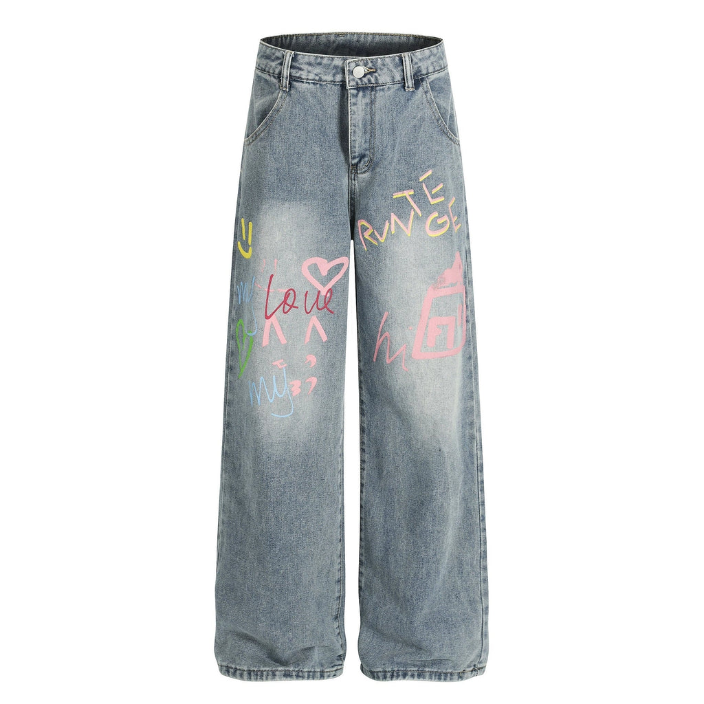 Fashion workwear jeans high street embroidery loose wide pants