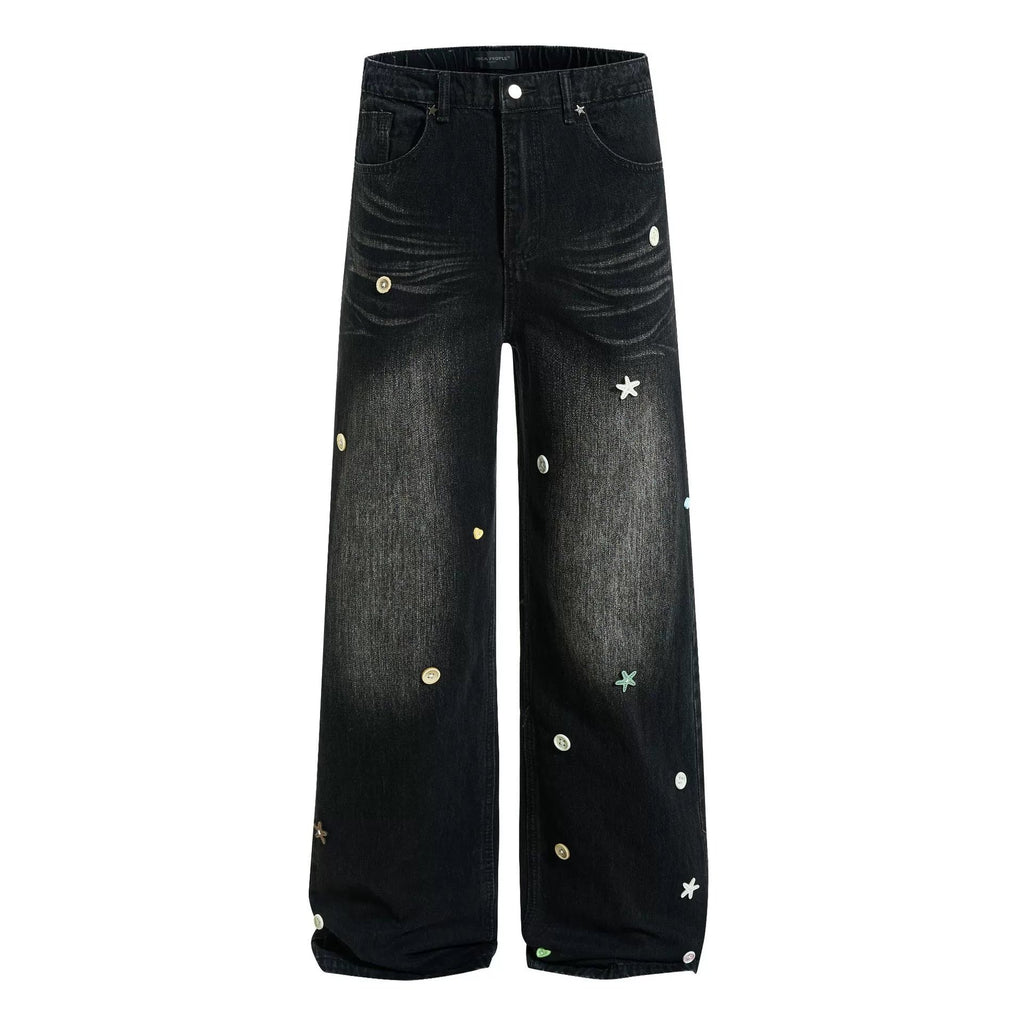 Fashion workwear jeans high street embroidery loose wide pants